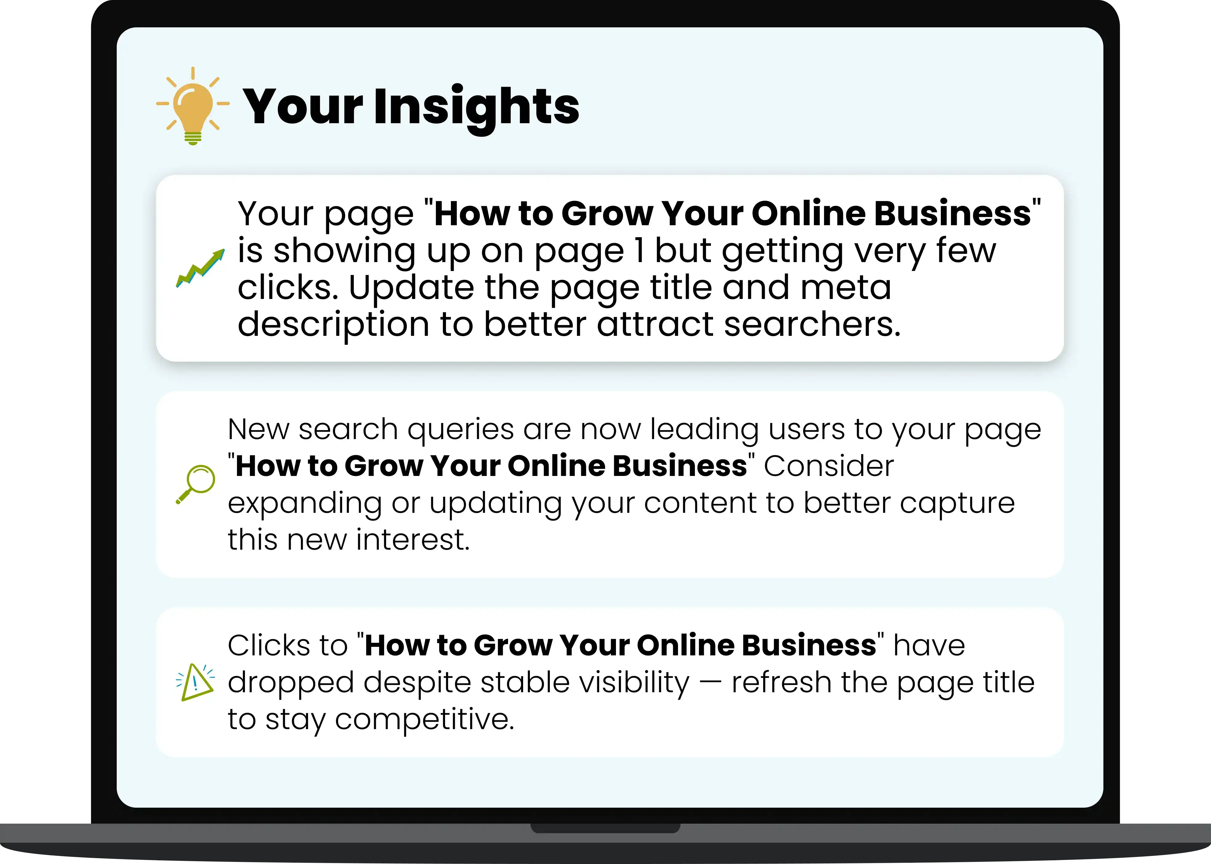 Example SEO insights showing how to fix page issues and improve clicks quickly.